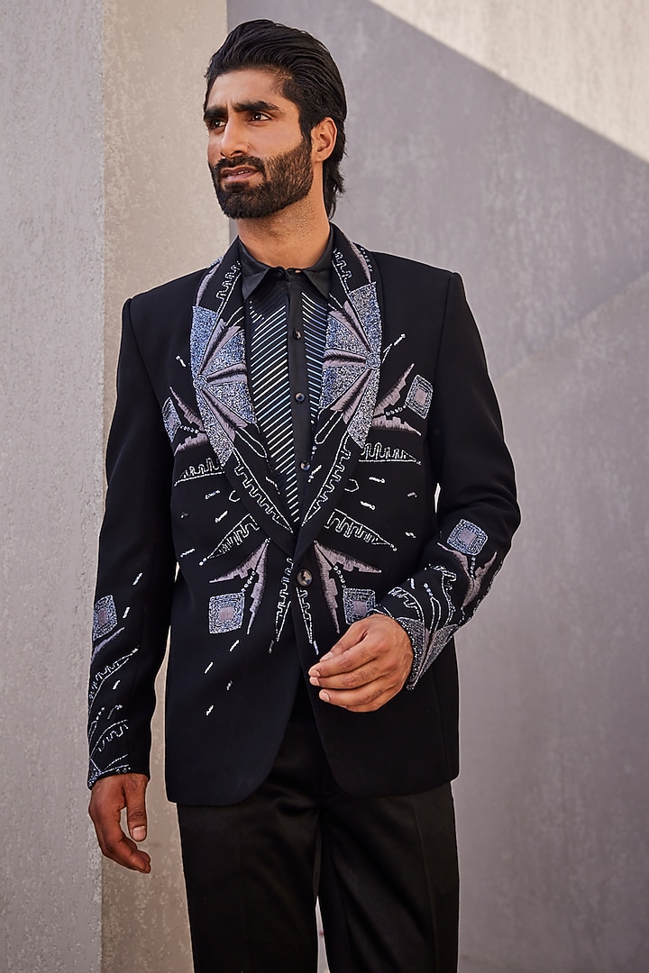 Black Italian Suiting Embroidered Tuxedo Set by YAJY By Aditya Jain at Pernia's Pop Up Shop