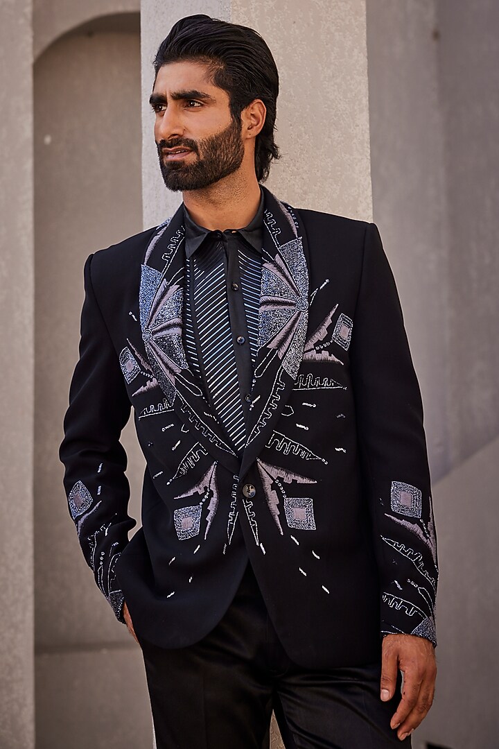 Black Italian Suiting Embroidered Tuxedo Set by YAJY By Aditya Jain at Pernia's Pop Up Shop