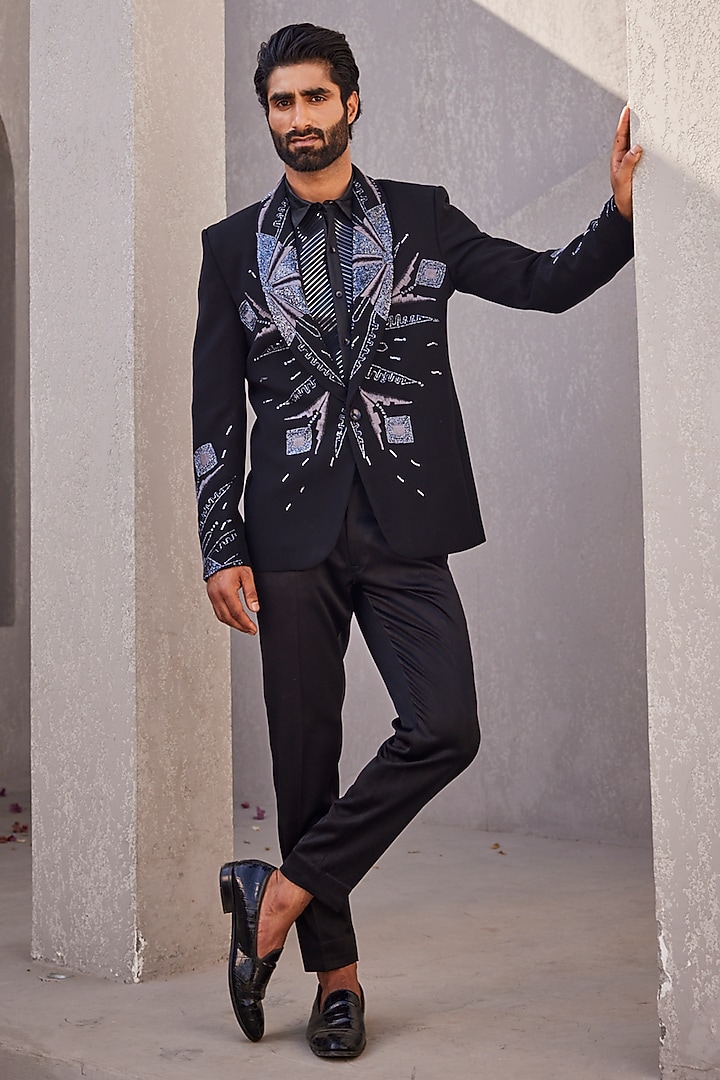 Black Italian Suiting Embroidered Tuxedo Set by YAJY By Aditya Jain at Pernia's Pop Up Shop