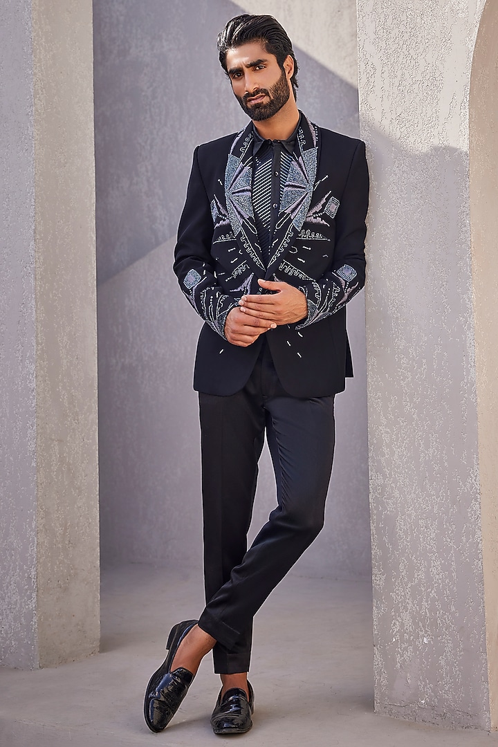 Black Italian Suiting Embroidered Tuxedo Set by YAJY By Aditya Jain at Pernia's Pop Up Shop