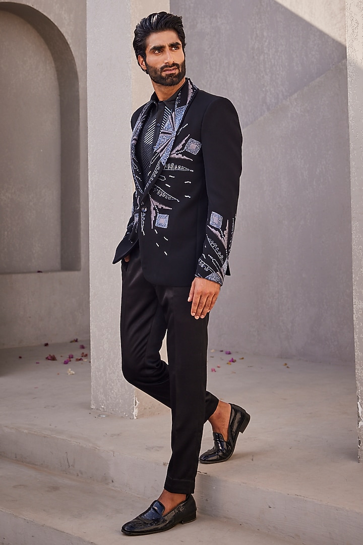 Black Italian Suiting Embroidered Tuxedo Set by YAJY By Aditya Jain at Pernia's Pop Up Shop
