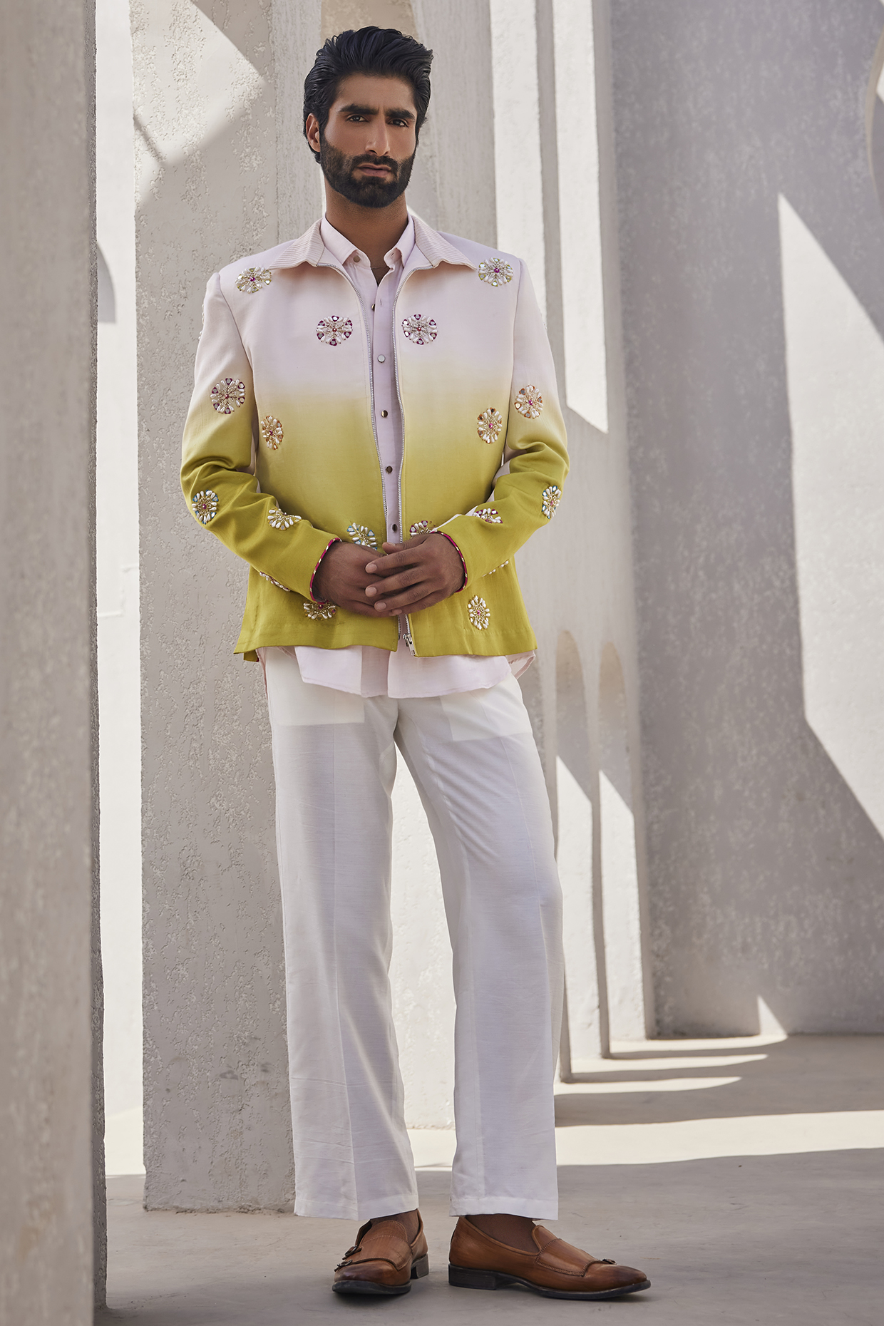 Pink & Green Ombre Silk Bomber Jacket Set by YAJY By Aditya Jain