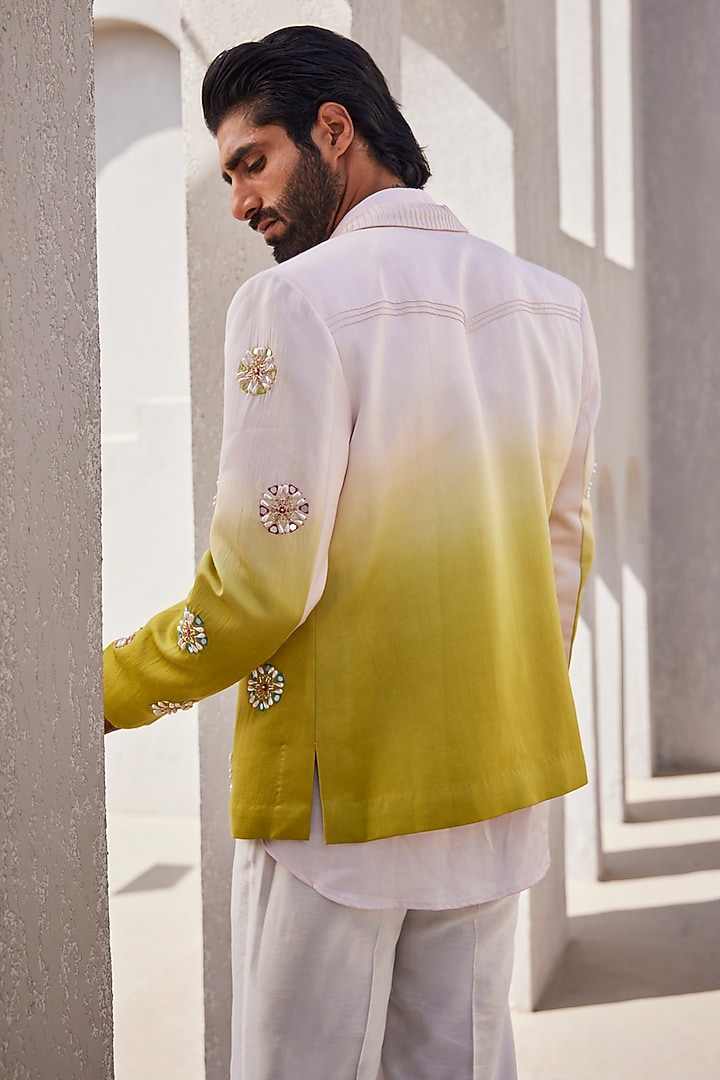 Pink & Green Ombre Silk Bomber Jacket Set by YAJY By Aditya Jain at Pernia's Pop Up Shop