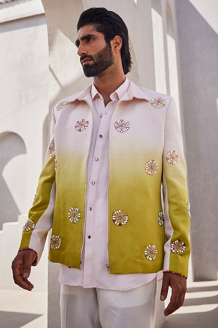 Pink & Green Ombre Silk Bomber Jacket Set by YAJY By Aditya Jain at Pernia's Pop Up Shop