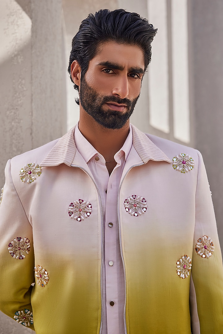 Pink & Green Ombre Silk Bomber Jacket Set by YAJY By Aditya Jain at Pernia's Pop Up Shop