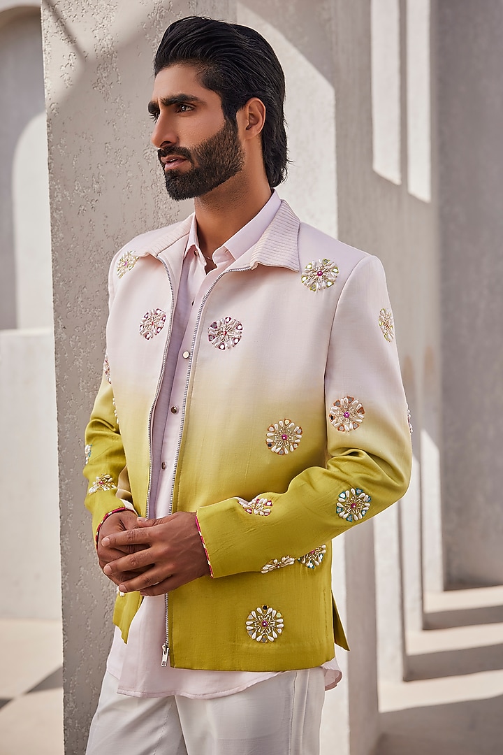 Pink & Green Ombre Silk Bomber Jacket Set by YAJY By Aditya Jain at Pernia's Pop Up Shop