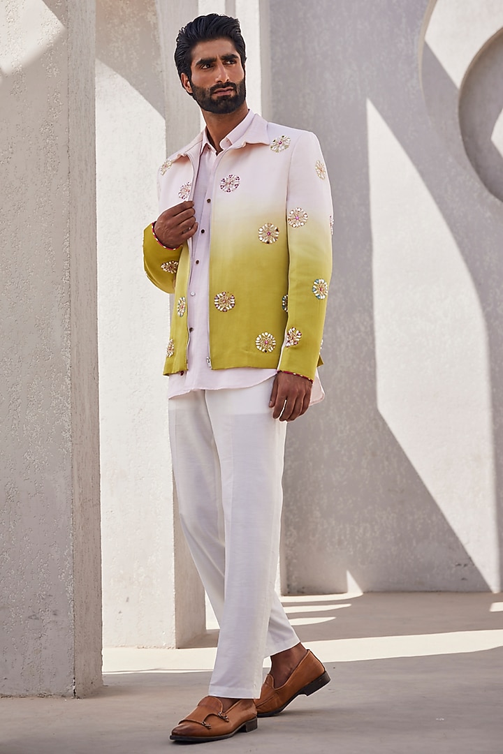 Pink & Green Ombre Silk Bomber Jacket Set by YAJY By Aditya Jain at Pernia's Pop Up Shop