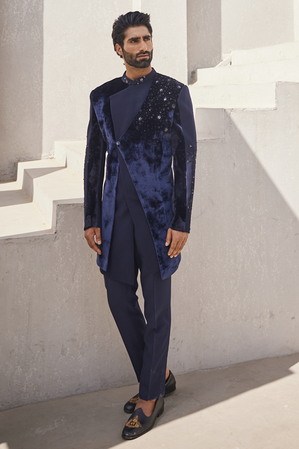 Navy Blue Velvet & Italian Suiting Motifs Embroidered Indowestern Set by YAJY By Aditya Jain