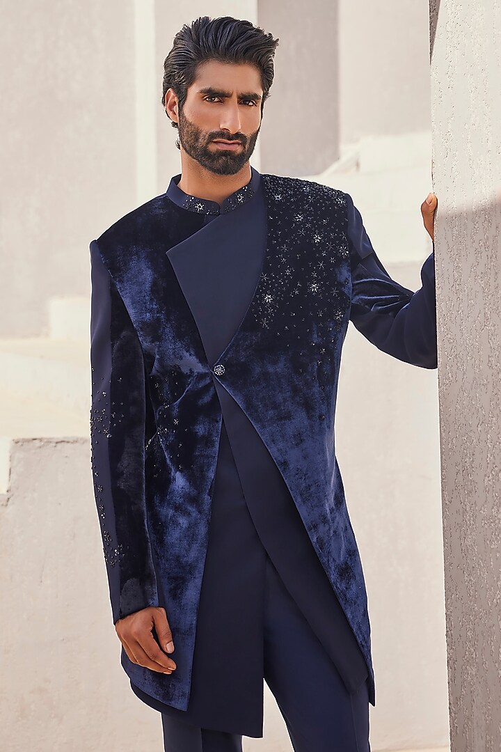 Navy Blue Velvet & Italian Suiting Motifs Embroidered Wedding Indowestern Set by YAJY By Aditya Jain at Pernia's Pop Up Shop