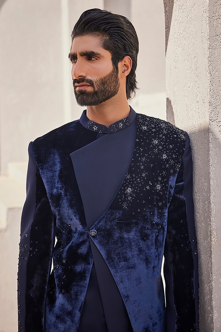 Navy Blue Velvet & Italian Suiting Motifs Embroidered Wedding Indowestern Set by YAJY By Aditya Jain at Pernia's Pop Up Shop