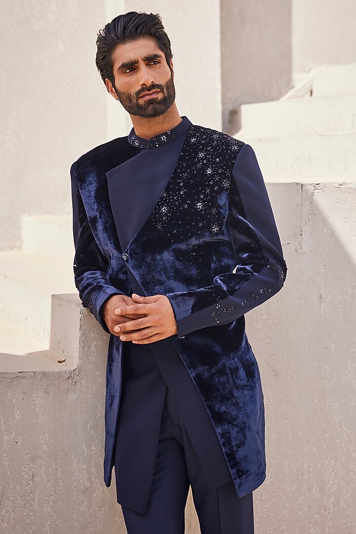 Navy Blue Velvet & Italian Suiting Motifs Embroidered Wedding Indowestern Set by YAJY By Aditya Jain at Pernia's Pop Up Shop