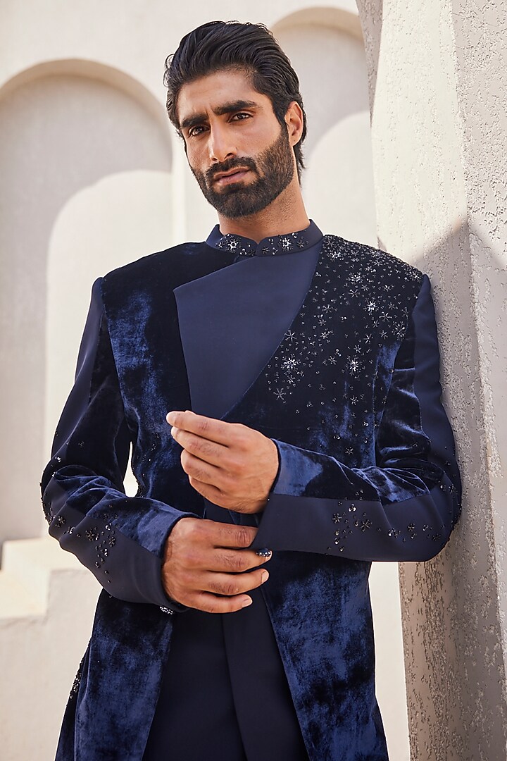 Navy Blue Velvet & Italian Suiting Motifs Embroidered Wedding Indowestern Set by YAJY By Aditya Jain at Pernia's Pop Up Shop