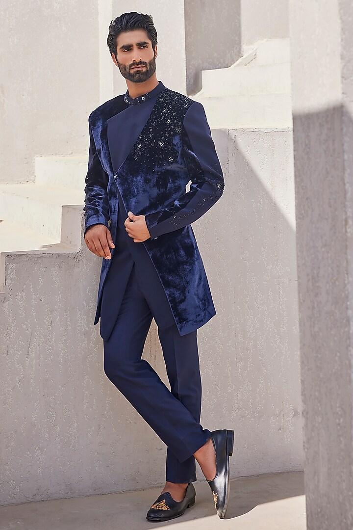 Navy Blue Velvet & Italian Suiting Motifs Embroidered Wedding Indowestern Set by YAJY By Aditya Jain at Pernia's Pop Up Shop
