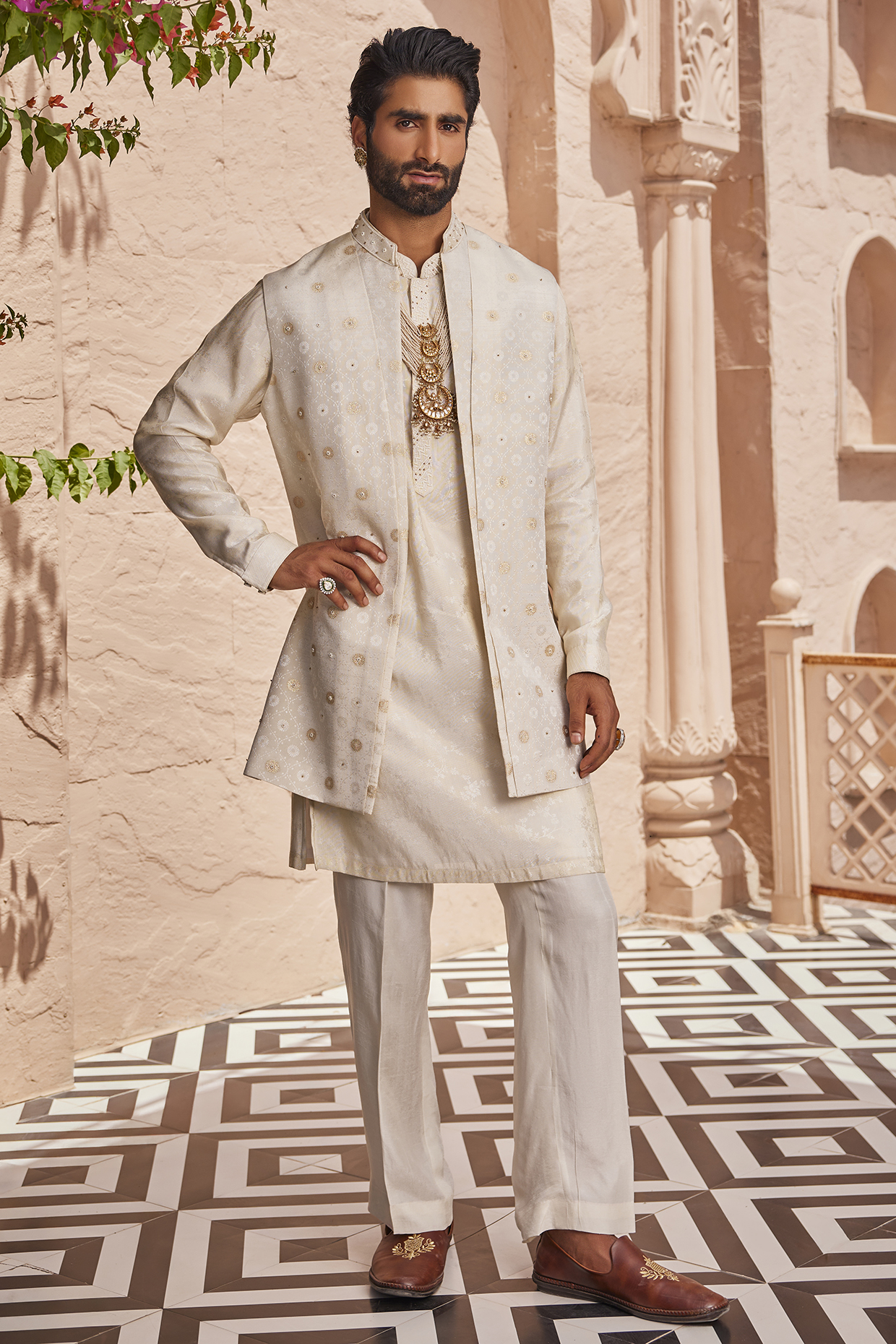 Gold-Ivory Tissue Silk Thread Embroidered Indowestern Set by YAJY By Aditya Jain