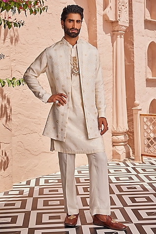 Gold-Ivory Tissue Silk Thread Embroidered Indowestern Set by YAJY By Aditya Jain