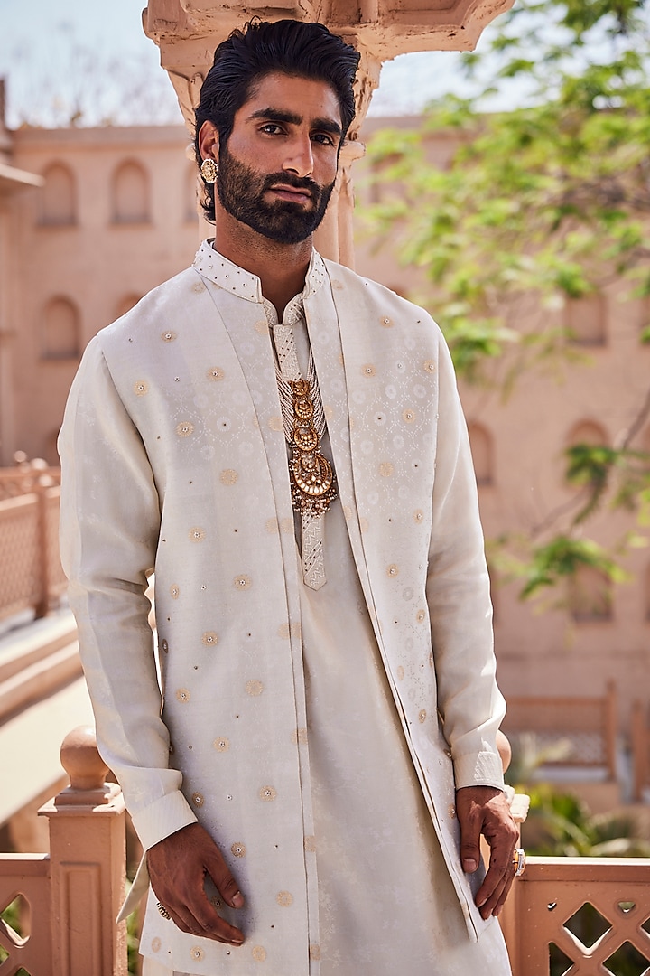 Gold-Ivory Tissue Silk Thread Embroidered Wedding Indowestern Set by YAJY By Aditya Jain at Pernia's Pop Up Shop