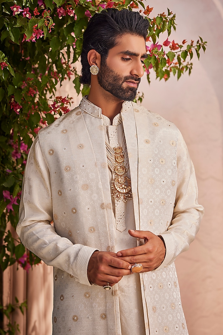 Gold-Ivory Tissue Silk Thread Embroidered Wedding Indowestern Set by YAJY By Aditya Jain at Pernia's Pop Up Shop