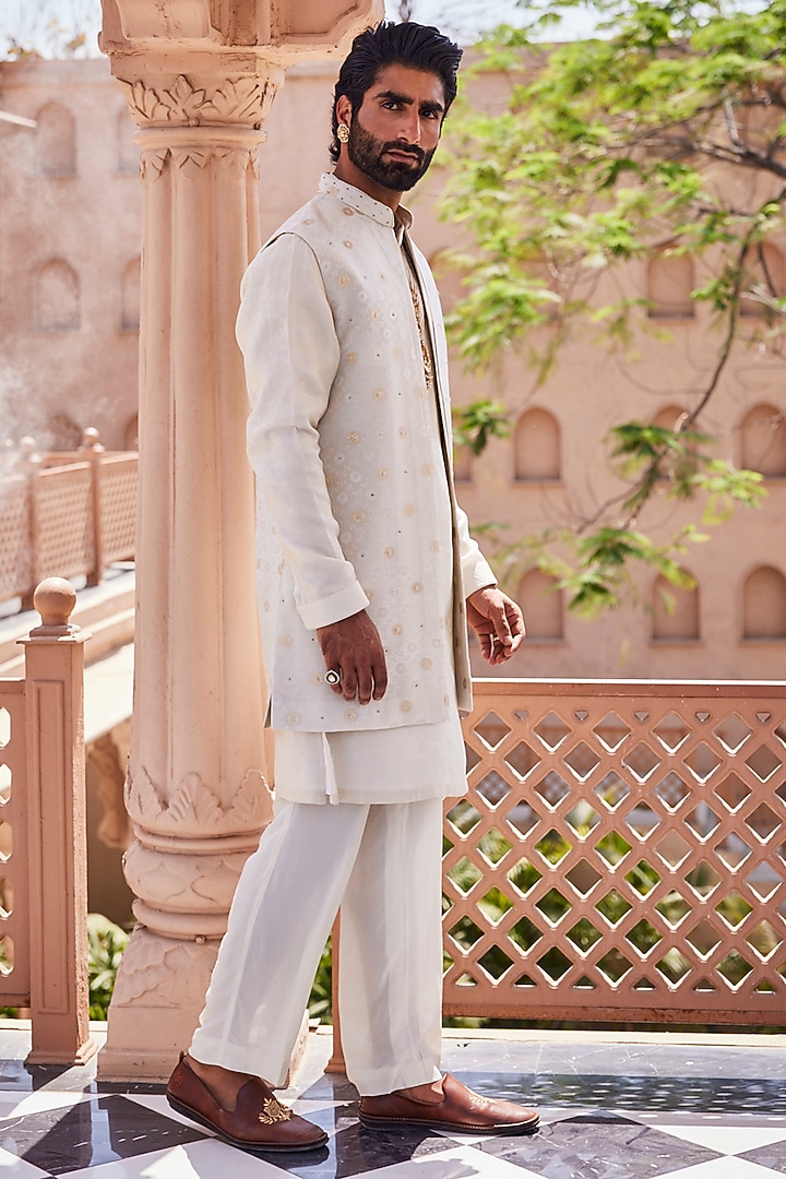 Gold-Ivory Tissue Silk Thread Embroidered Wedding Indowestern Set by YAJY By Aditya Jain at Pernia's Pop Up Shop