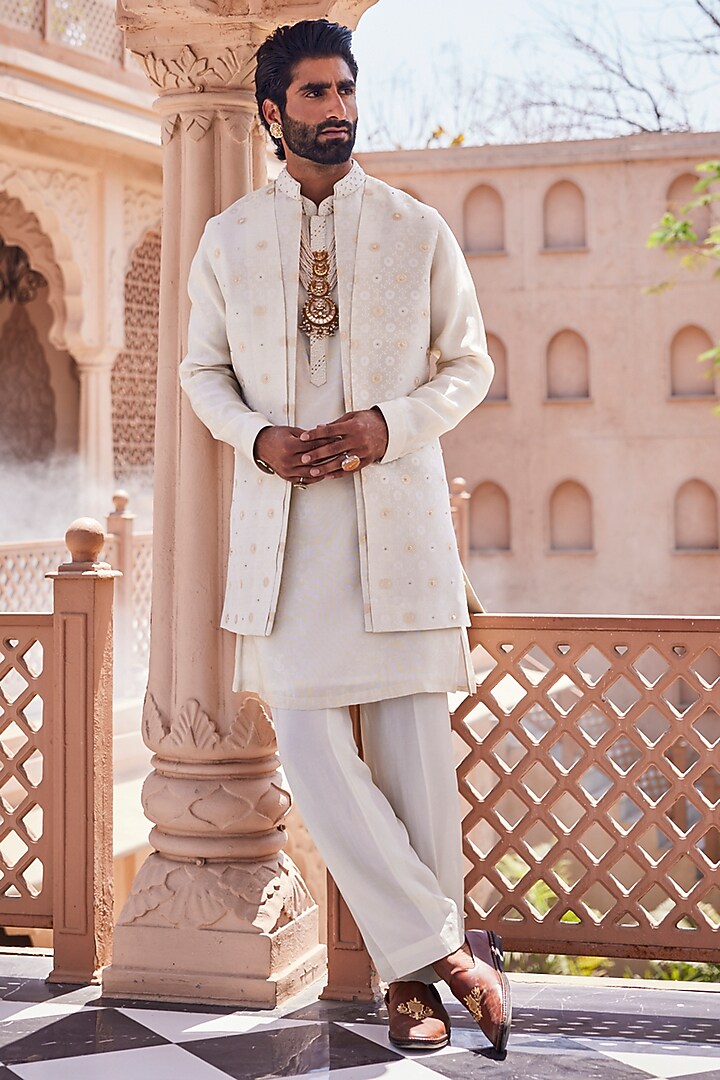 Gold-Ivory Tissue Silk Thread Embroidered Wedding Indowestern Set by YAJY By Aditya Jain at Pernia's Pop Up Shop