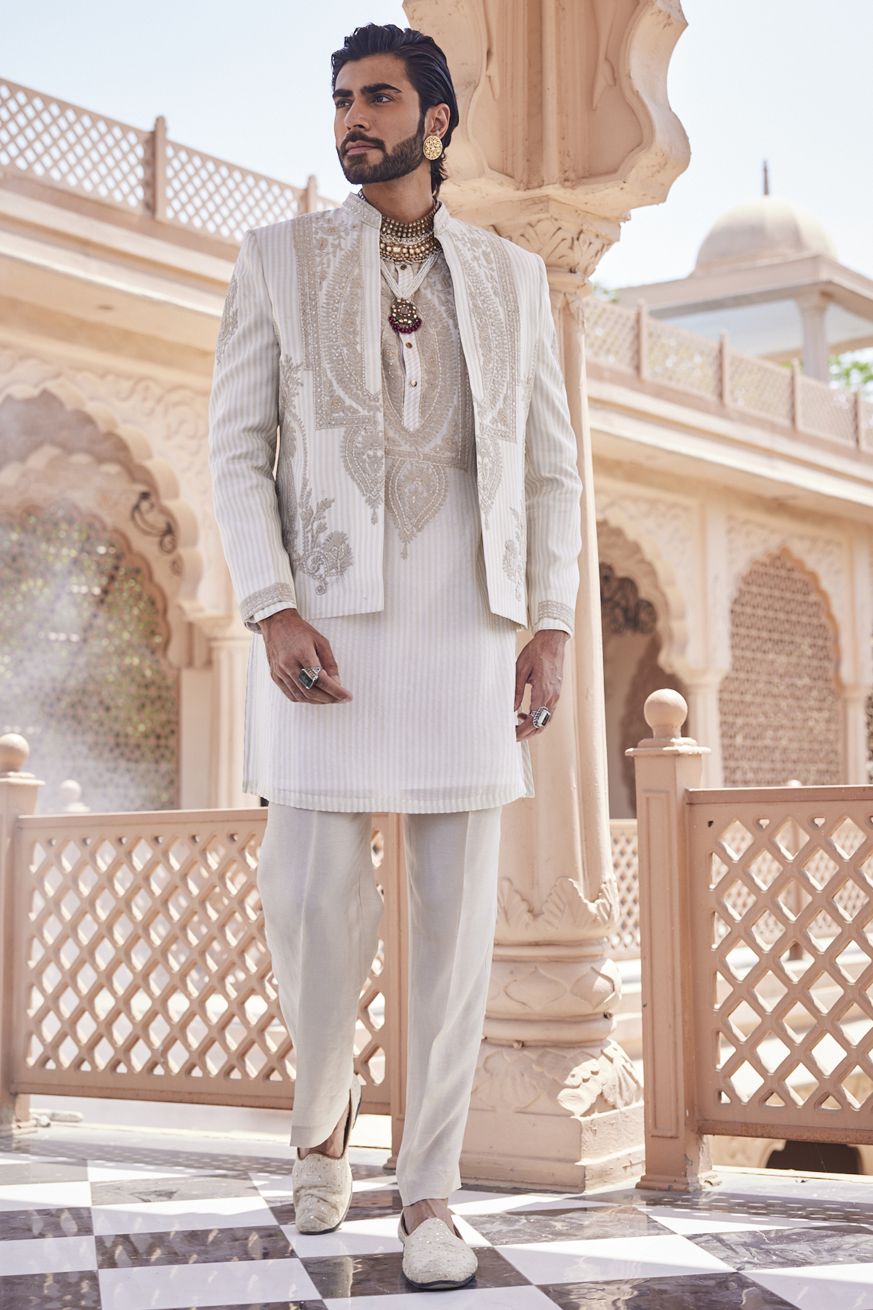 Gold-Ivory Tissue Silk Dori Work Indowestern Set by YAJY By Aditya Jain