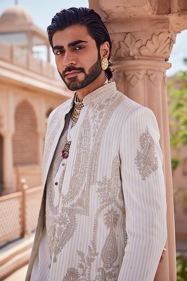 Gold-Ivory Tissue Silk Dori Work Wedding Indowestern Set by YAJY By Aditya Jain at Pernia's Pop Up Shop