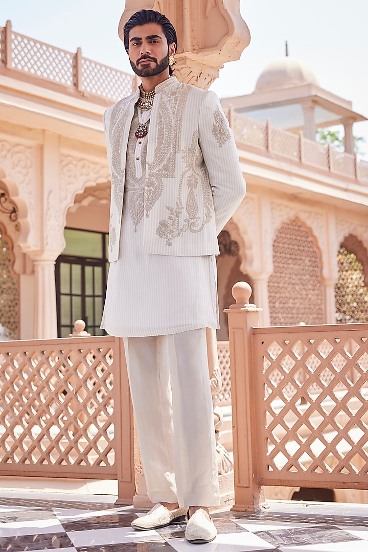 Gold-Ivory Tissue Silk Dori Work Wedding Indowestern Set by YAJY By Aditya Jain at Pernia's Pop Up Shop