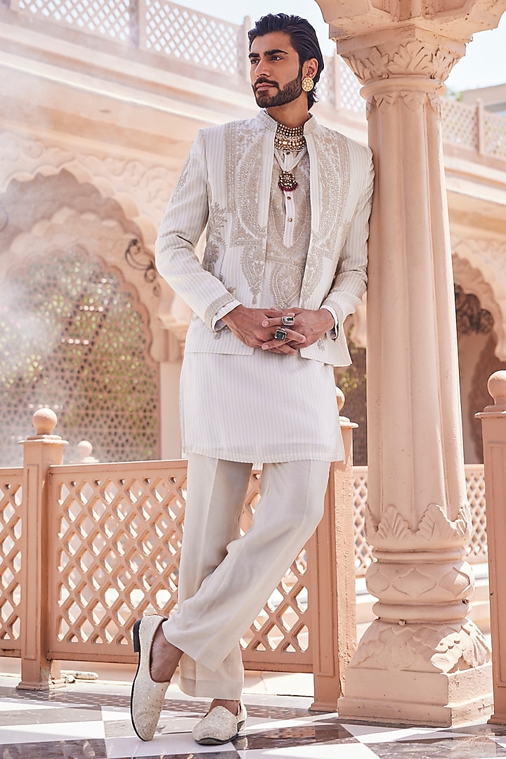 Gold-Ivory Tissue Silk Dori Work Wedding Indowestern Set by YAJY By Aditya Jain at Pernia's Pop Up Shop