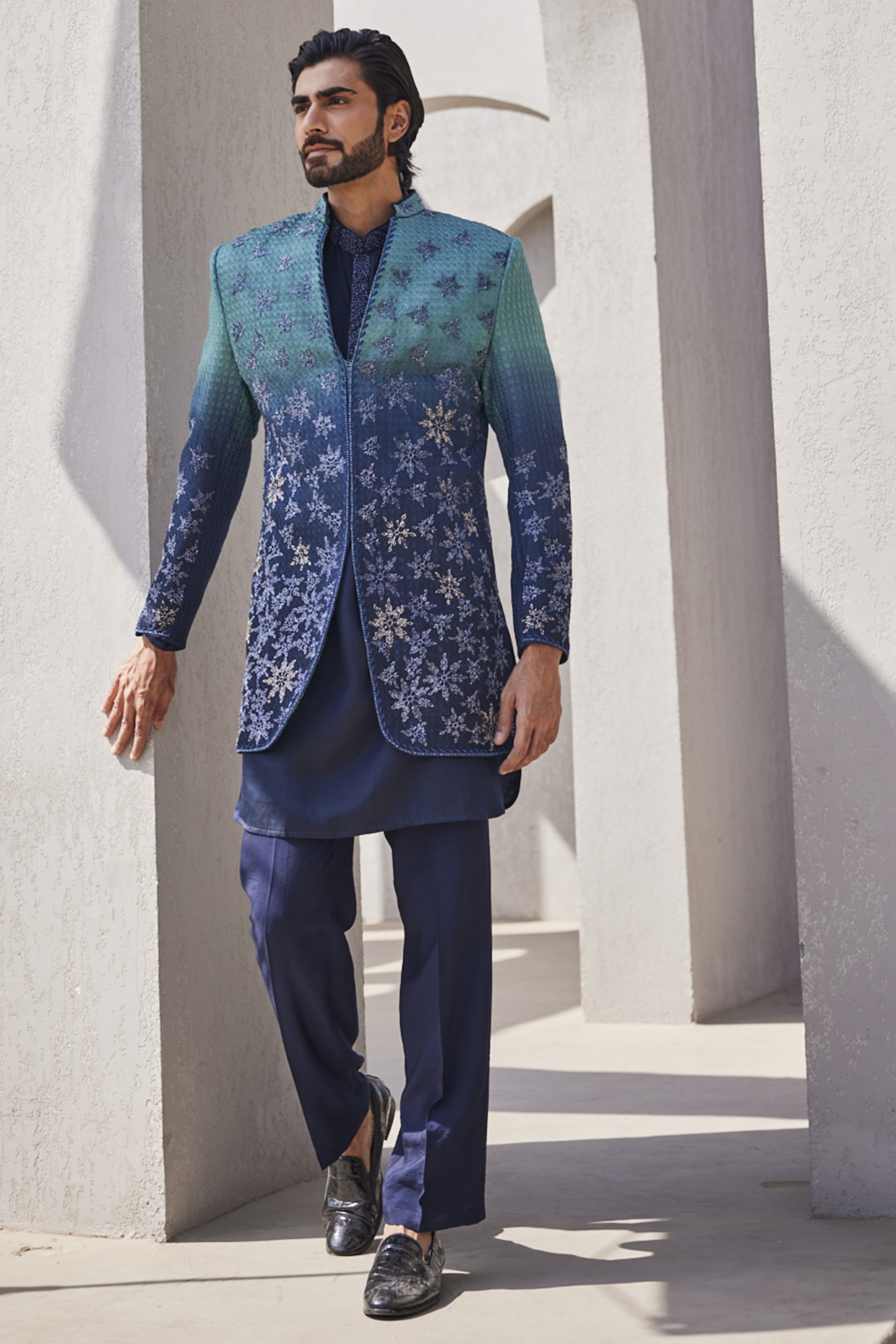 Frost Blue Ombre Silk Indowestern Set by YAJY By Aditya Jain