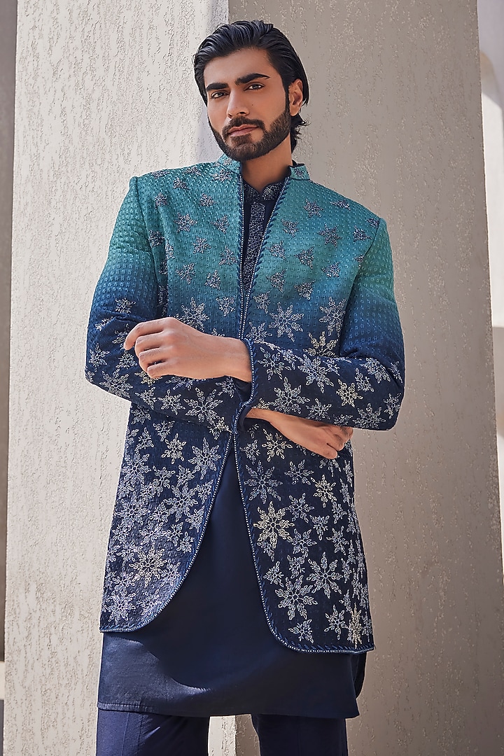 Frost Blue Ombre Silk Groom Indowestern Set by YAJY By Aditya Jain at Pernia's Pop Up Shop