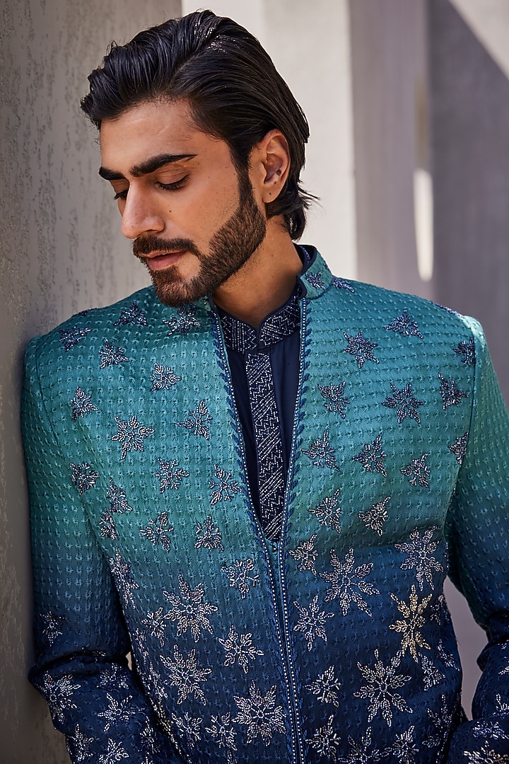 Frost Blue Ombre Silk Groom Indowestern Set by YAJY By Aditya Jain at Pernia's Pop Up Shop