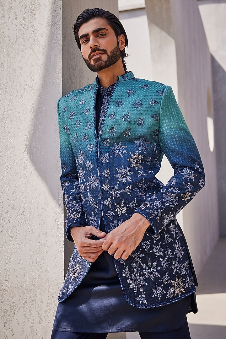 Frost Blue Ombre Silk Groom Indowestern Set by YAJY By Aditya Jain at Pernia's Pop Up Shop
