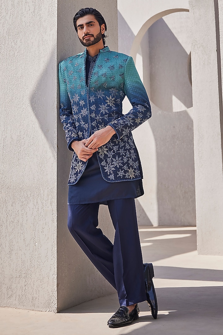 Frost Blue Ombre Silk Groom Indowestern Set by YAJY By Aditya Jain at Pernia's Pop Up Shop