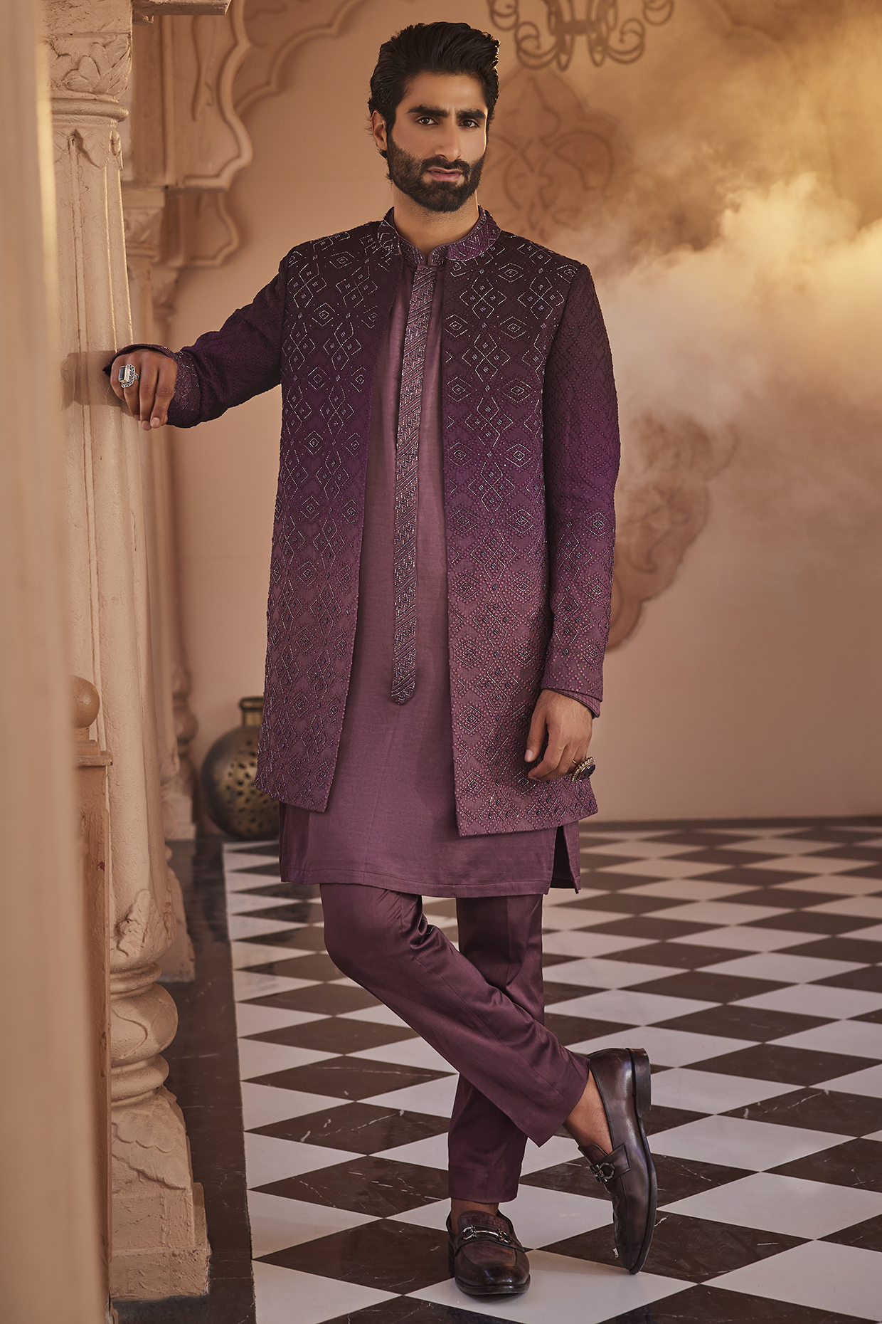 Jamuni Ombre Silk Indowestern Set by YAJY By Aditya Jain