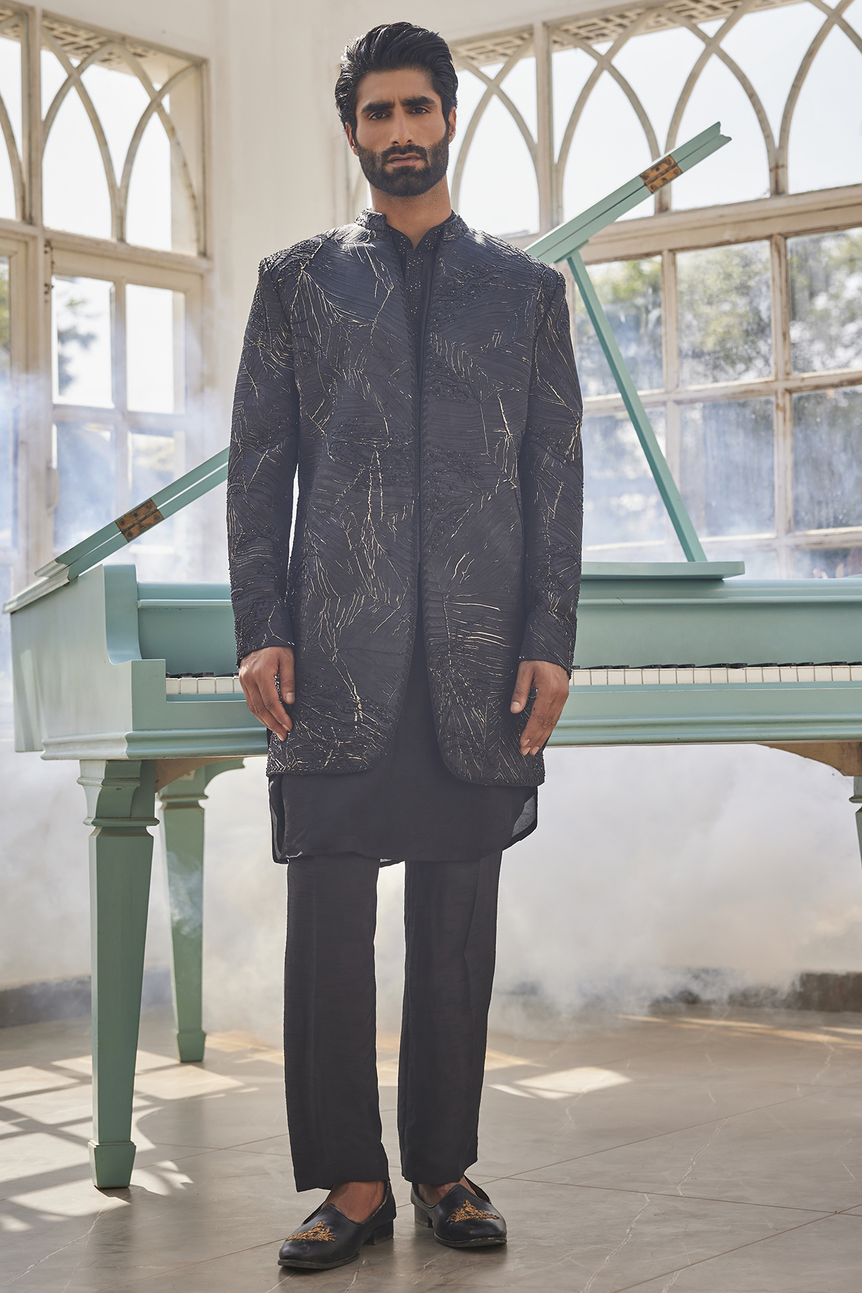 Black & Gold Ombre Silk Indowestern Set by YAJY By Aditya Jain