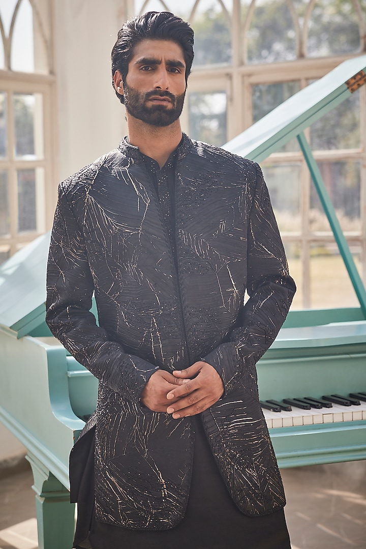 Black & Gold Ombre Silk Wedding Indowestern Set by YAJY By Aditya Jain at Pernia's Pop Up Shop