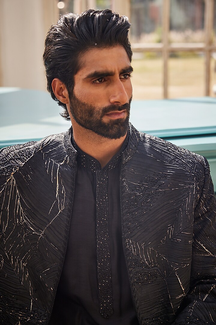 Black & Gold Ombre Silk Wedding Indowestern Set by YAJY By Aditya Jain at Pernia's Pop Up Shop