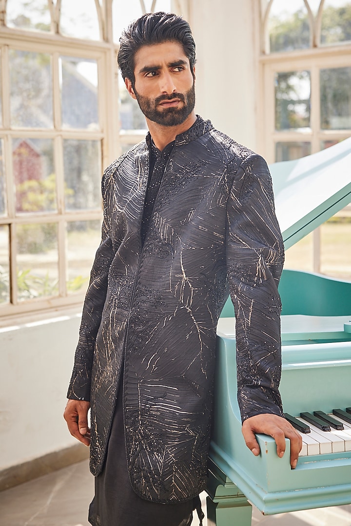 Black & Gold Ombre Silk Wedding Indowestern Set by YAJY By Aditya Jain at Pernia's Pop Up Shop