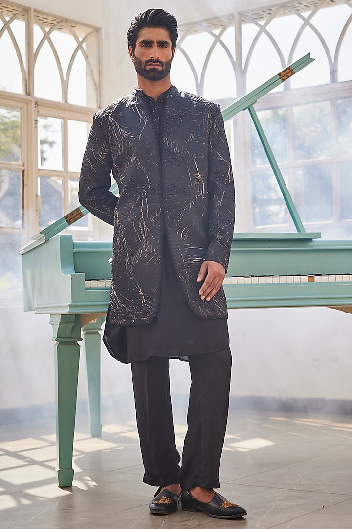 Black & Gold Ombre Silk Wedding Indowestern Set by YAJY By Aditya Jain at Pernia's Pop Up Shop