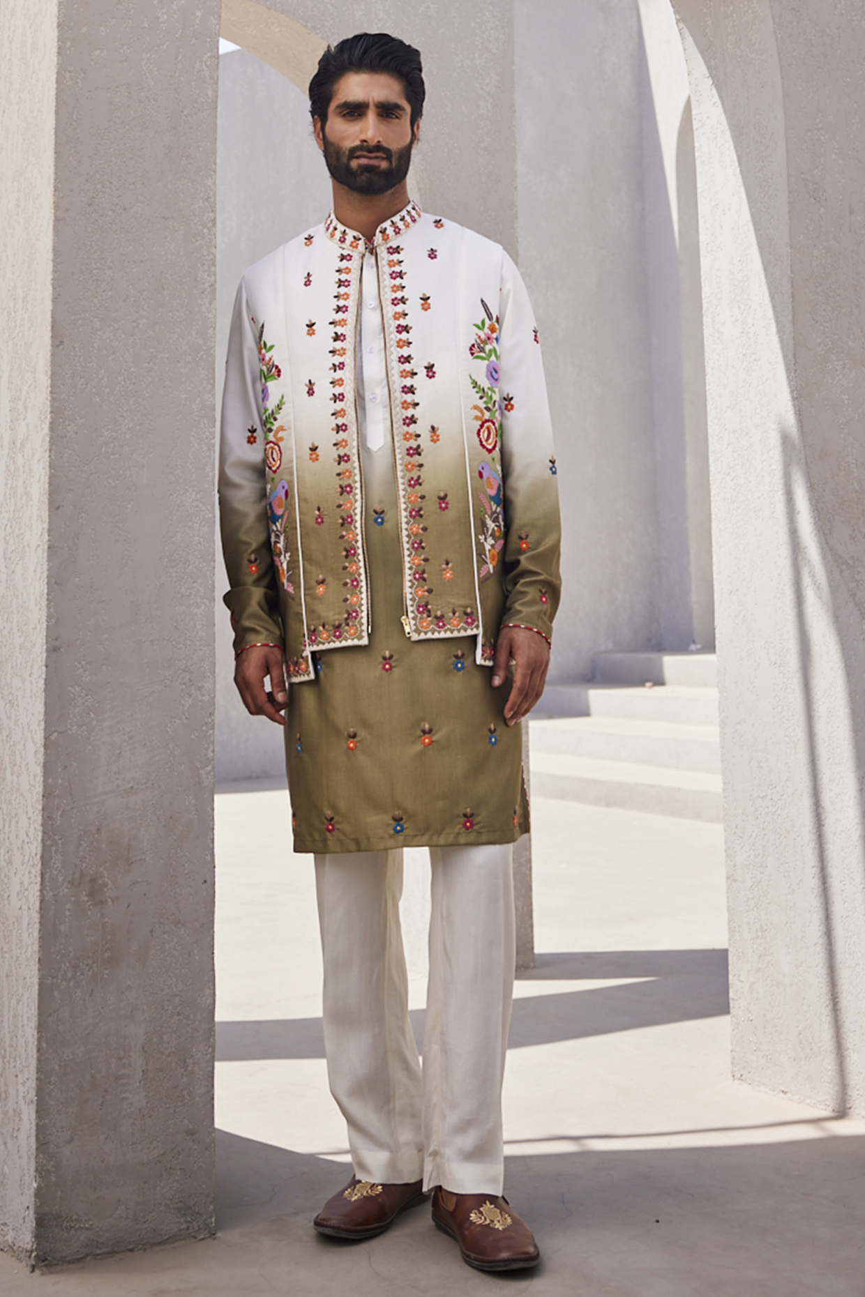 White & Olive Green Ombre Silk Indowestern Set by YAJY By Aditya Jain