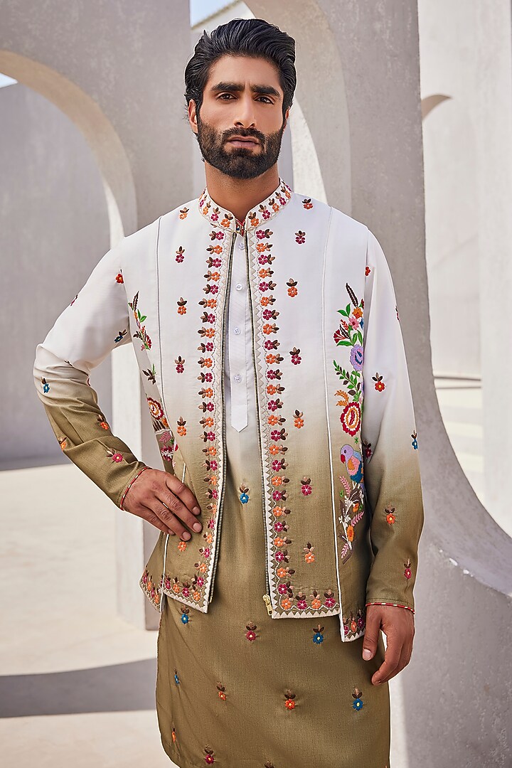 White & Olive Green Ombre Silk Wedding Indowestern Set by YAJY By Aditya Jain at Pernia's Pop Up Shop
