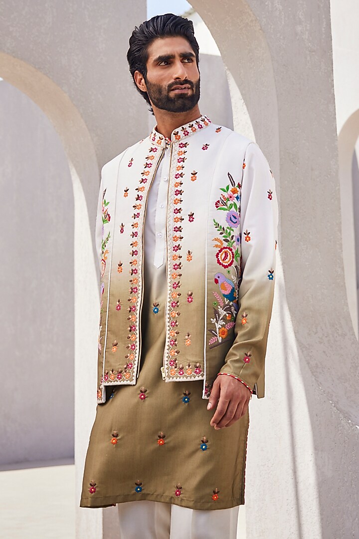 White & Olive Green Ombre Silk Wedding Indowestern Set by YAJY By Aditya Jain at Pernia's Pop Up Shop