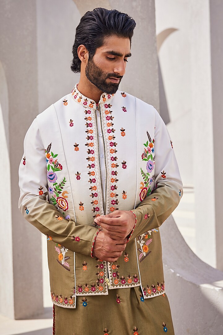 White & Olive Green Ombre Silk Wedding Indowestern Set by YAJY By Aditya Jain at Pernia's Pop Up Shop