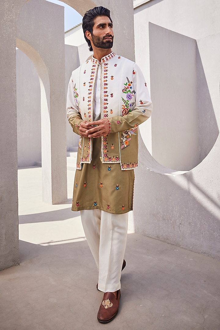 White & Olive Green Ombre Silk Wedding Indowestern Set by YAJY By Aditya Jain at Pernia's Pop Up Shop