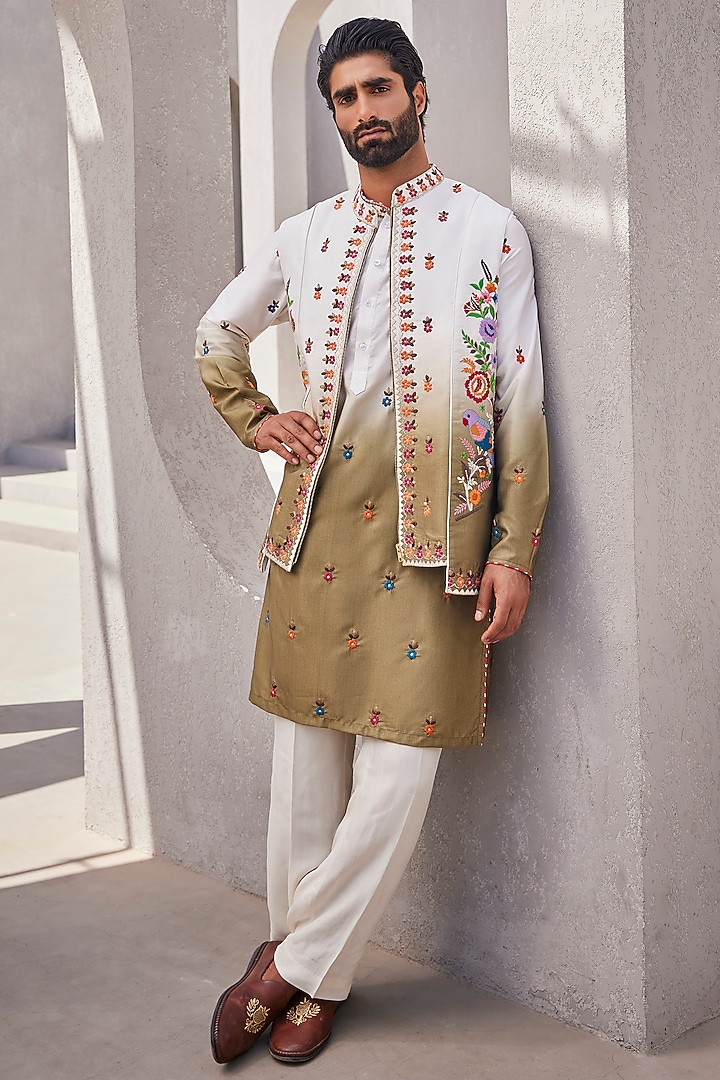White & Olive Green Ombre Silk Wedding Indowestern Set by YAJY By Aditya Jain at Pernia's Pop Up Shop