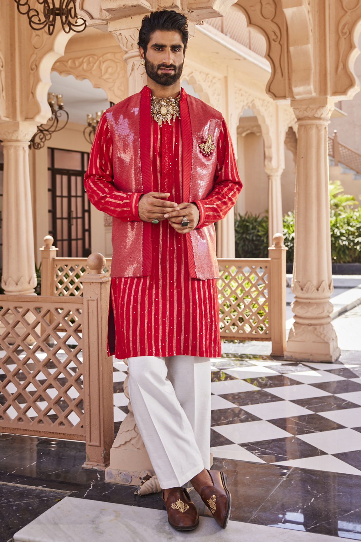 Red Silk Indowestern Set by YAJY By Aditya Jain