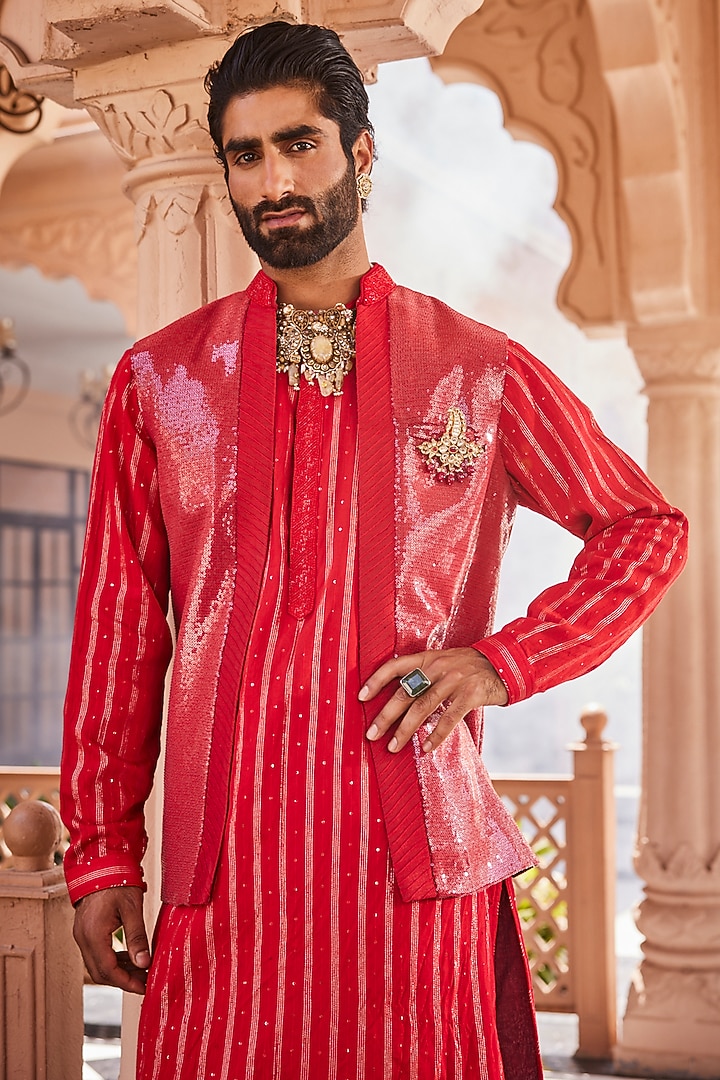 Red Silk Wedding Indowestern Set by YAJY By Aditya Jain at Pernia's Pop Up Shop
