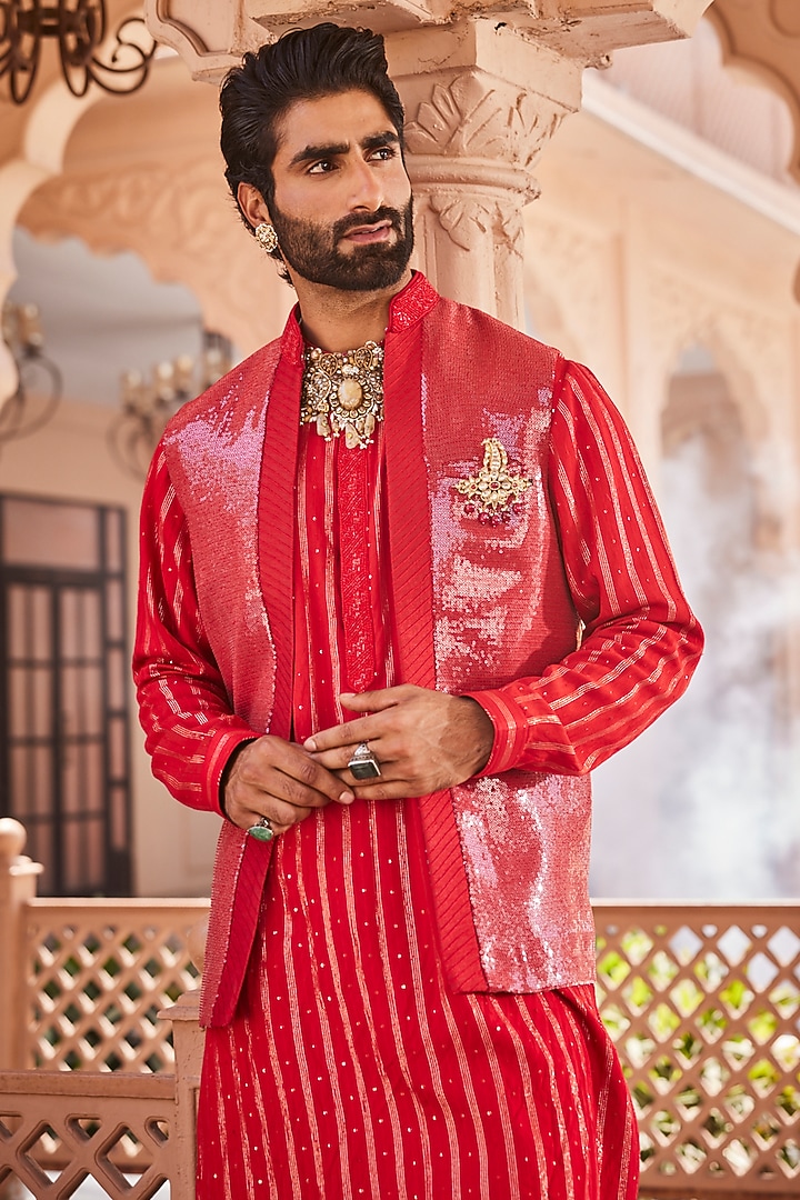 Red Silk Wedding Indowestern Set by YAJY By Aditya Jain at Pernia's Pop Up Shop