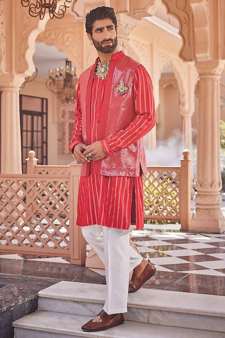 Red Silk Wedding Indowestern Set by YAJY By Aditya Jain at Pernia's Pop Up Shop