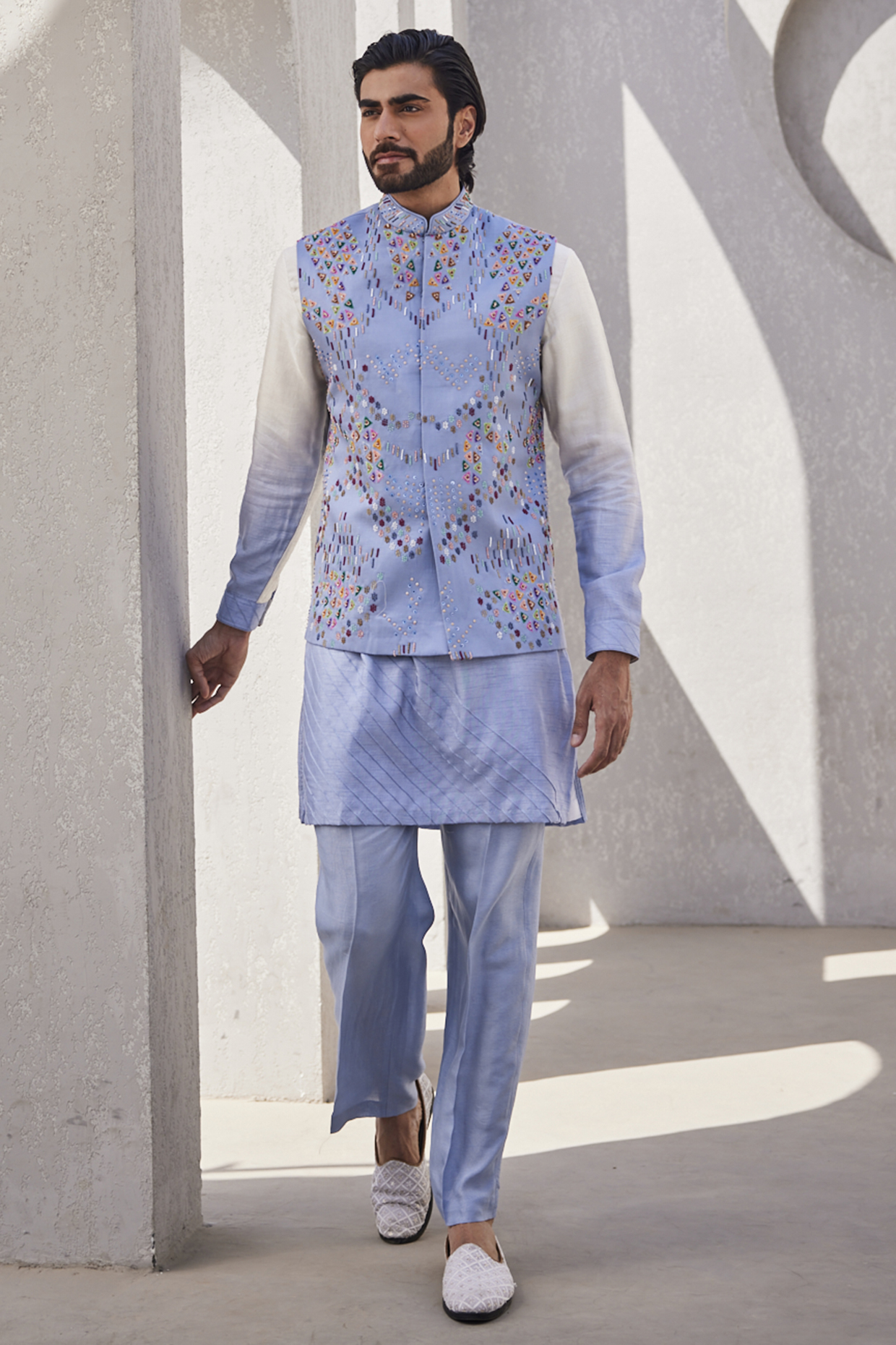 Ice Blue Ombre Silk Indowestern Set by YAJY By Aditya Jain