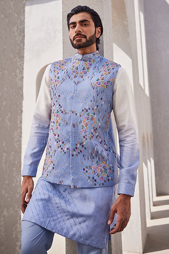 Ice Blue Ombre Silk Wedding Indowestern Set by YAJY By Aditya Jain at Pernia's Pop Up Shop